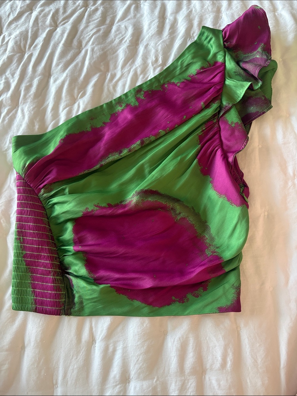 Free people X House of AAMA collab One-Shoulder Silk Top in Green and Magenta